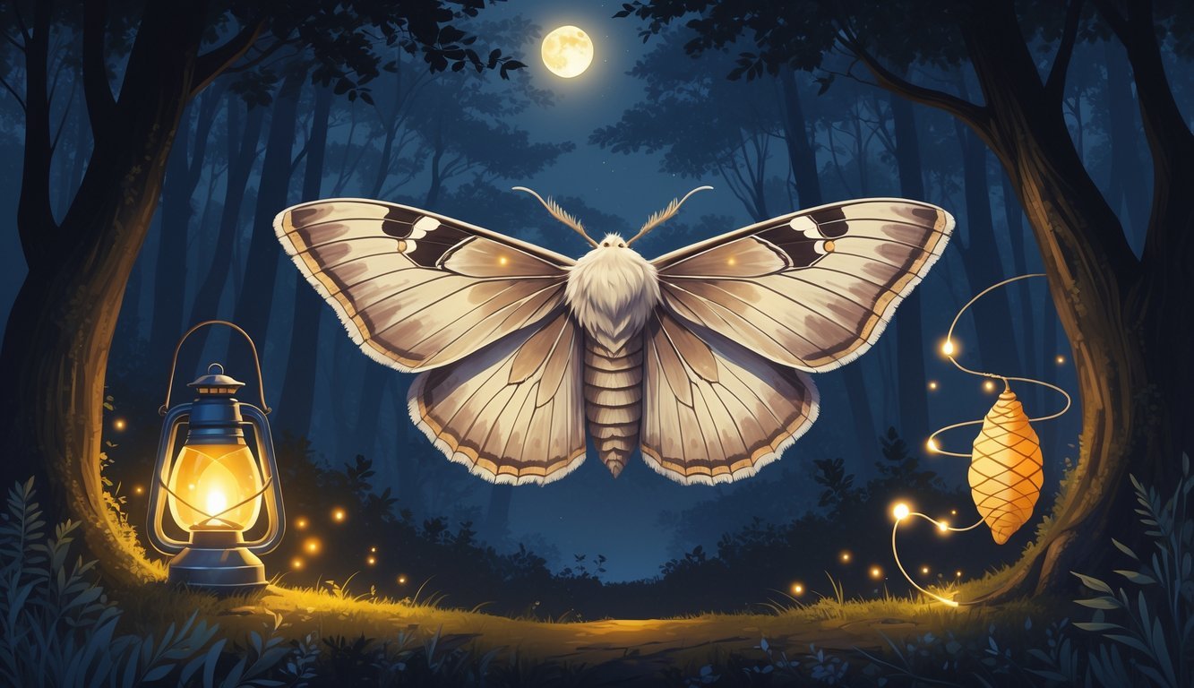 A large moth with detailed wings surrounded by a glowing lantern, wisps of light, and a chrysalis in a moonlit forest.