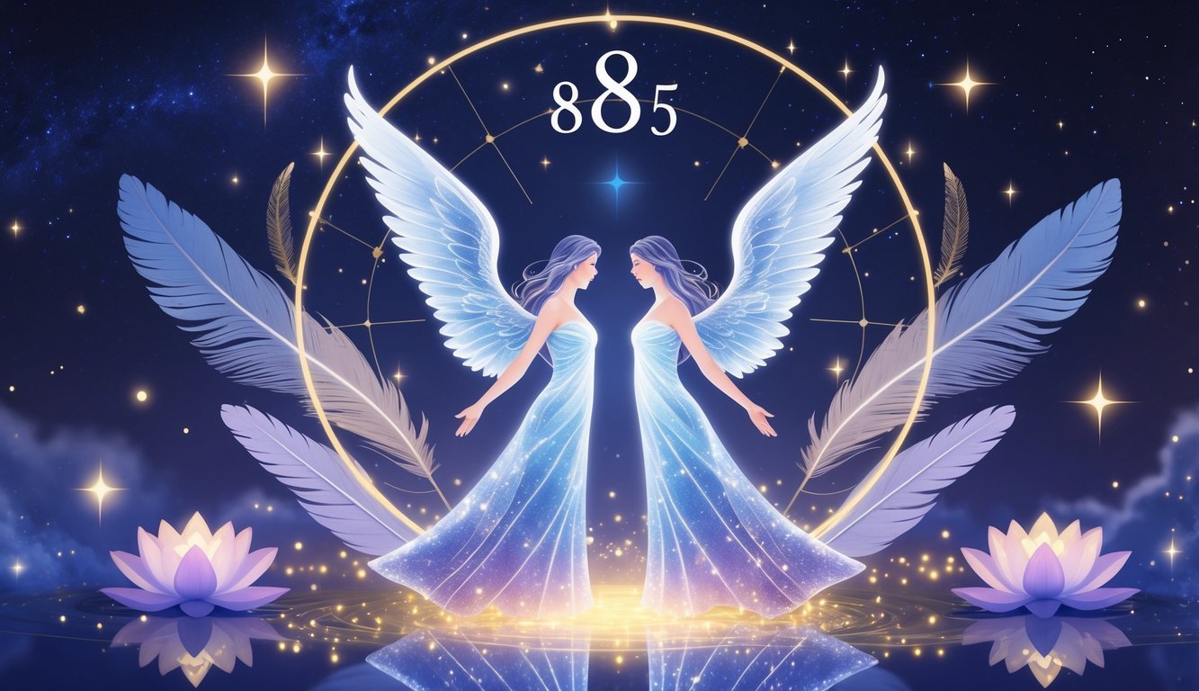 Two intertwined glowing figures surrounded by celestial light, geometric patterns, feathers, and lotus flowers against a starry sky.