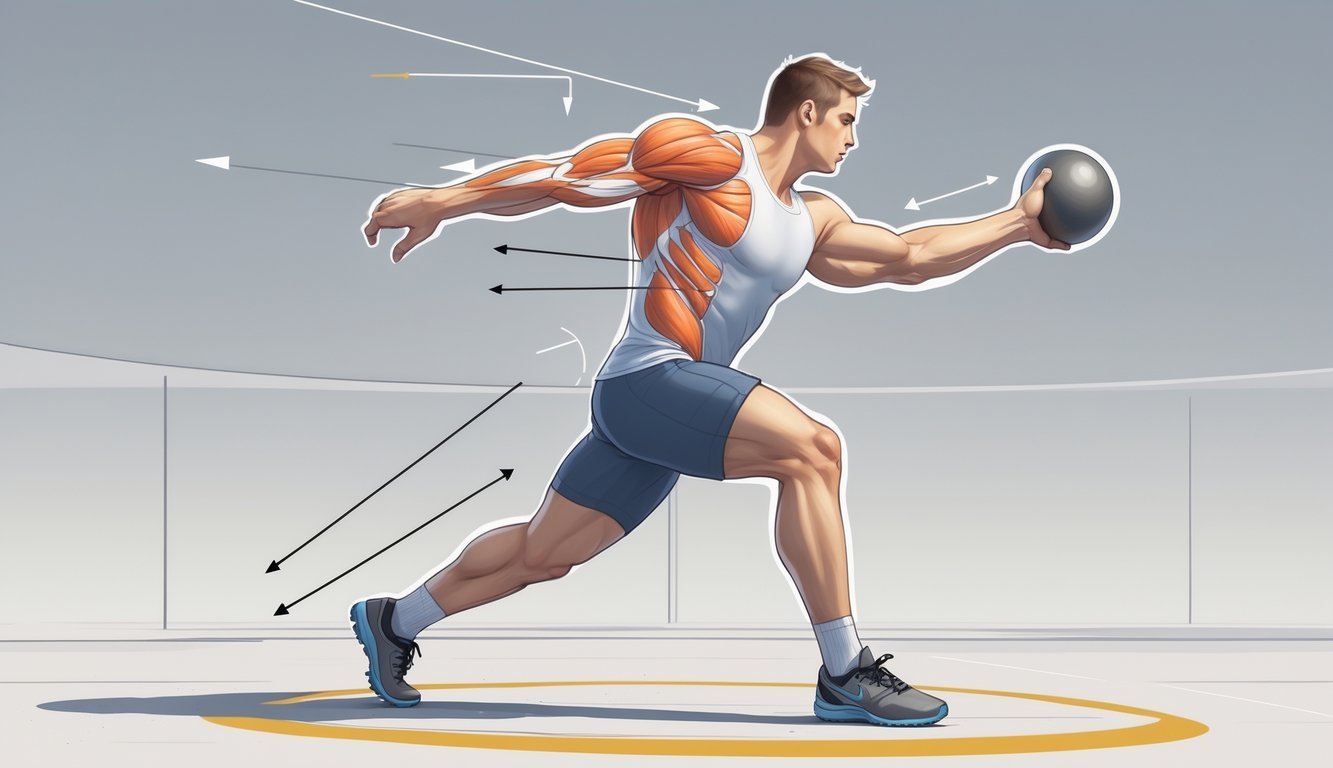 A male athlete performing a standing power throw with a strong stance and focused posture, showing muscle engagement and motion direction.