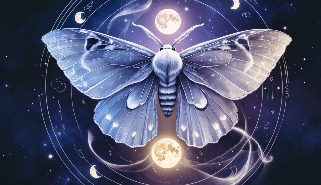 A detailed illustration of a large moth with glowing wings surrounded by mystical light orbs and symbols representing night and spirituality.