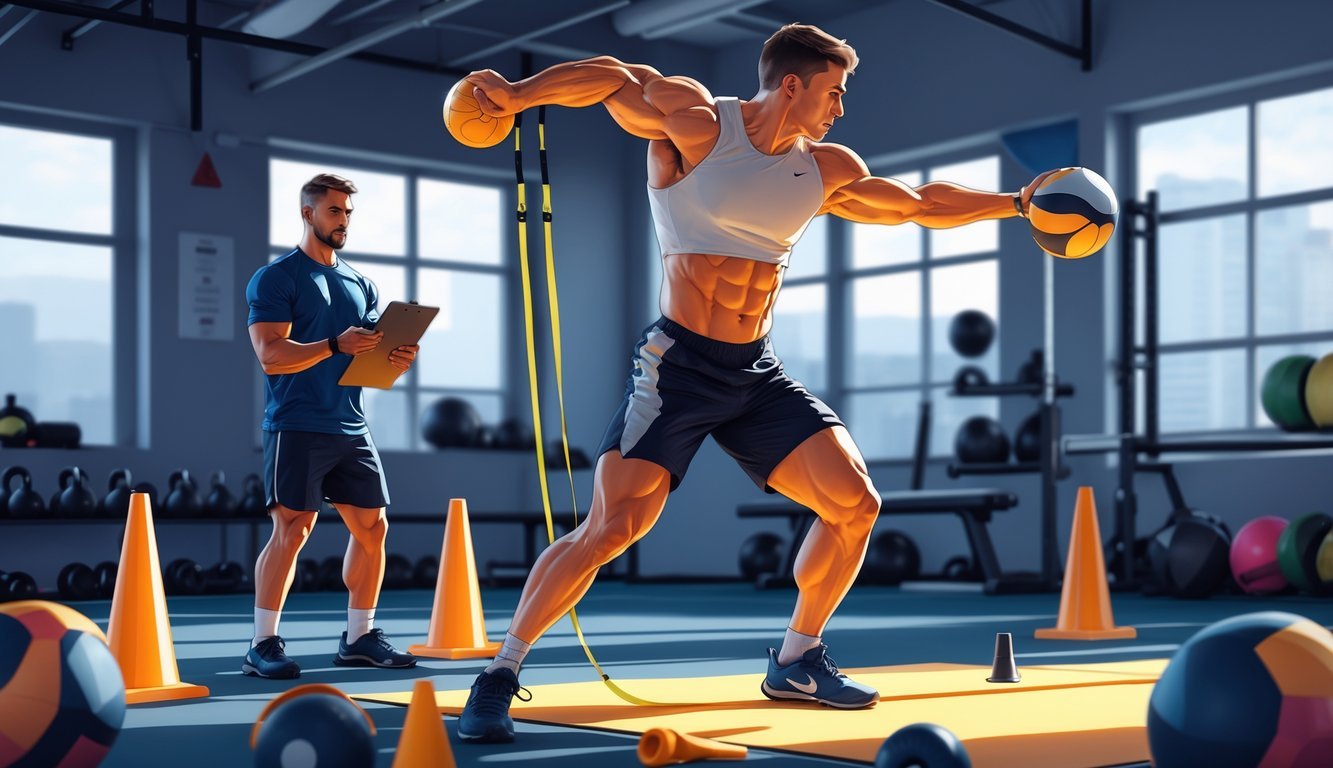 An athlete performing a standing power throw with a medicine ball in a gym while a coach observes and guides the training.
