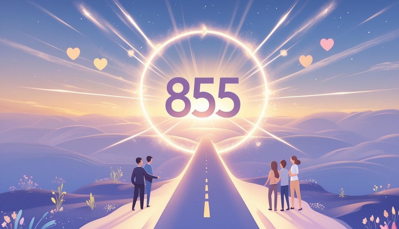 A glowing number 8585 floats above a split pathway with symbols of relationships on one side and career growth on the other, set against a calm dawn sky.