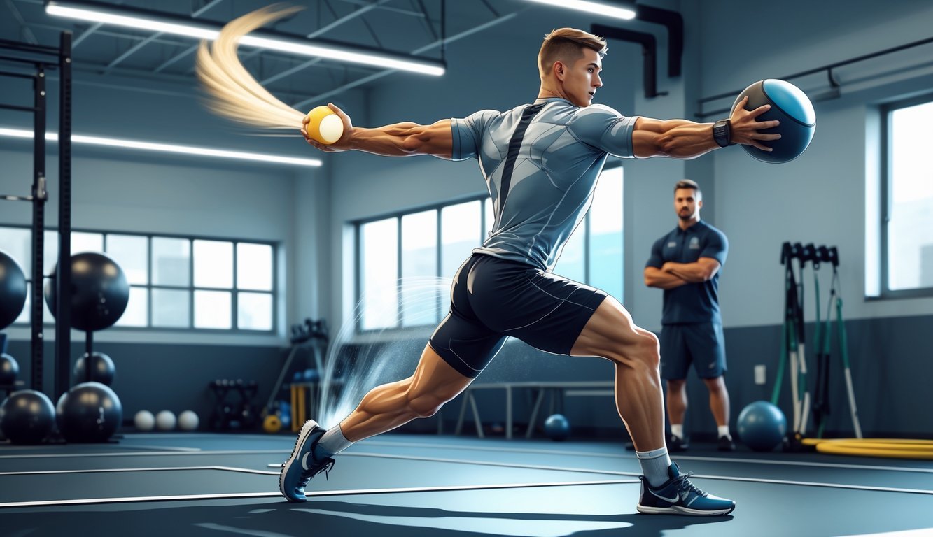 An athlete throwing a weighted medicine ball in a gym while a coach watches.