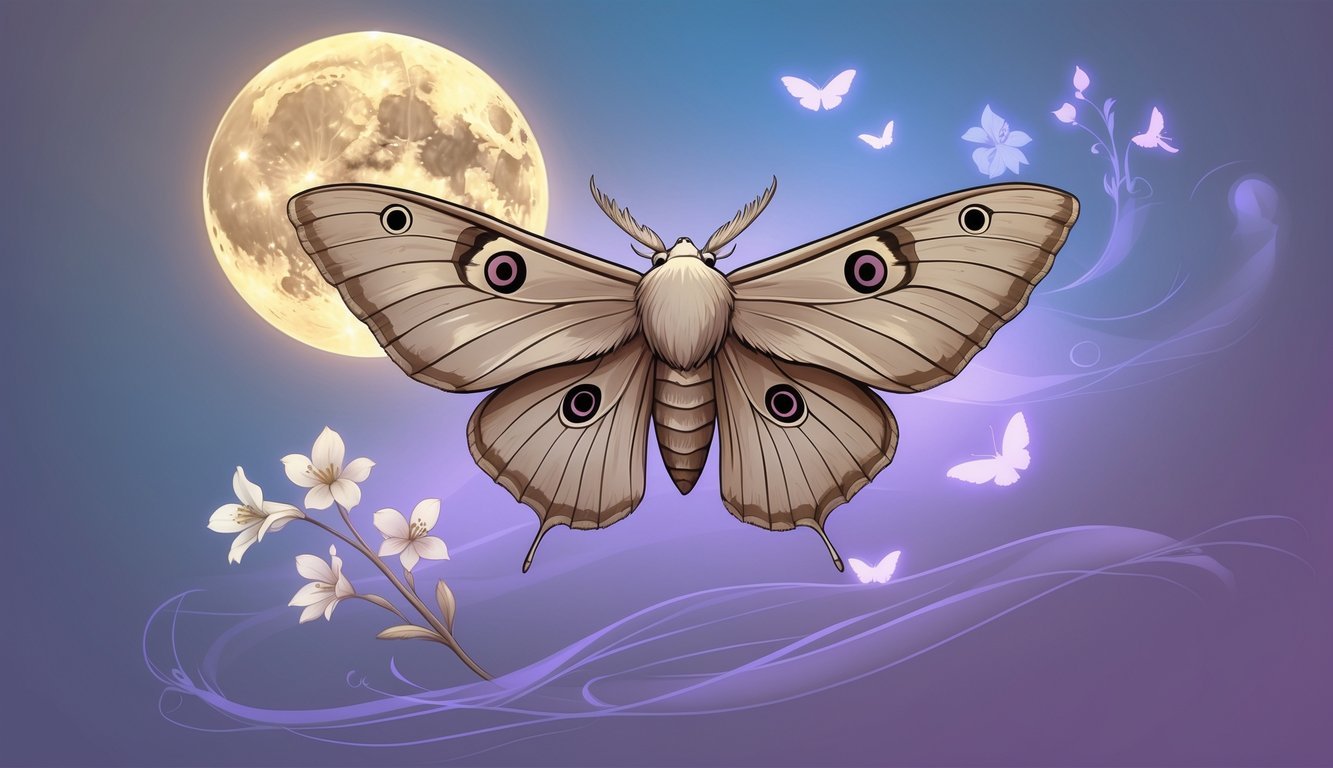 A large moth with detailed wings surrounded by a glowing moon, delicate flowers, and faint moth silhouettes against a twilight background.