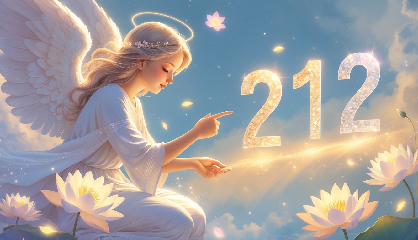 A glowing angelic figure surrounded by soft light, holding a luminous sequence of numbers with symbolic elements like a lotus flower and infinity symbol in a calm celestial sky.