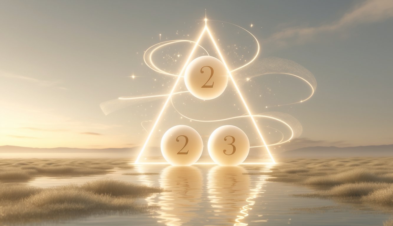 A peaceful glowing scene with three floating orbs surrounded by swirling light trails against a soft sky with clouds and a distant horizon.