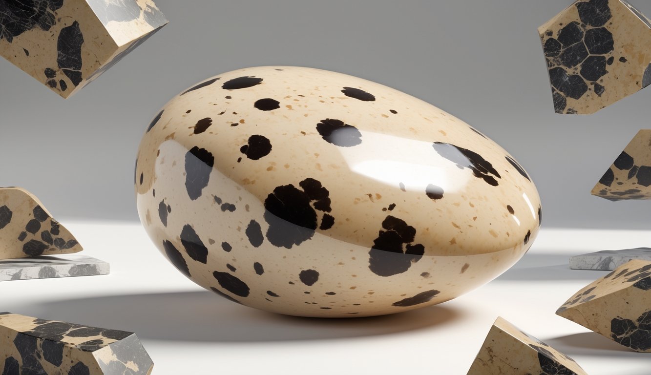 Close-up illustration of a dalmatian jasper stone showing its beige base color with black spots and internal granular texture.