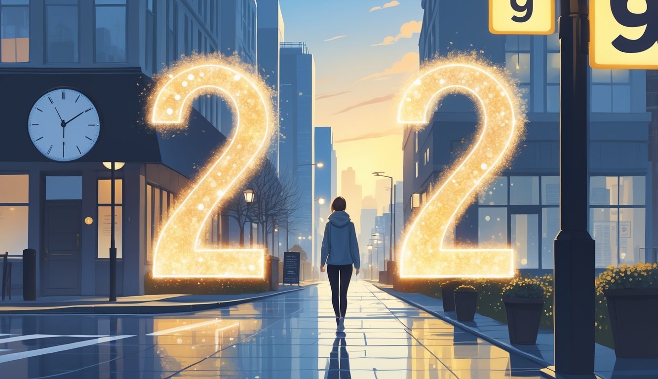 A person walking thoughtfully in a quiet city street with glowing light forming the number 2112 around them, symbolizing spiritual guidance in daily life.
