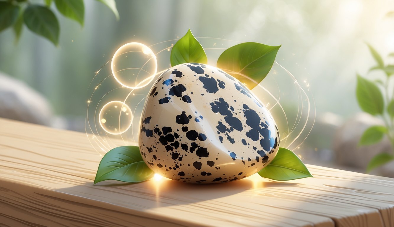 A polished dalmatian jasper stone with black spots on a wooden surface surrounded by green leaves and glowing light orbs in a calm natural setting.