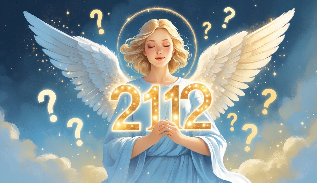 An angel with glowing wings surrounded by the glowing numbers 2112 against a starry, celestial background.