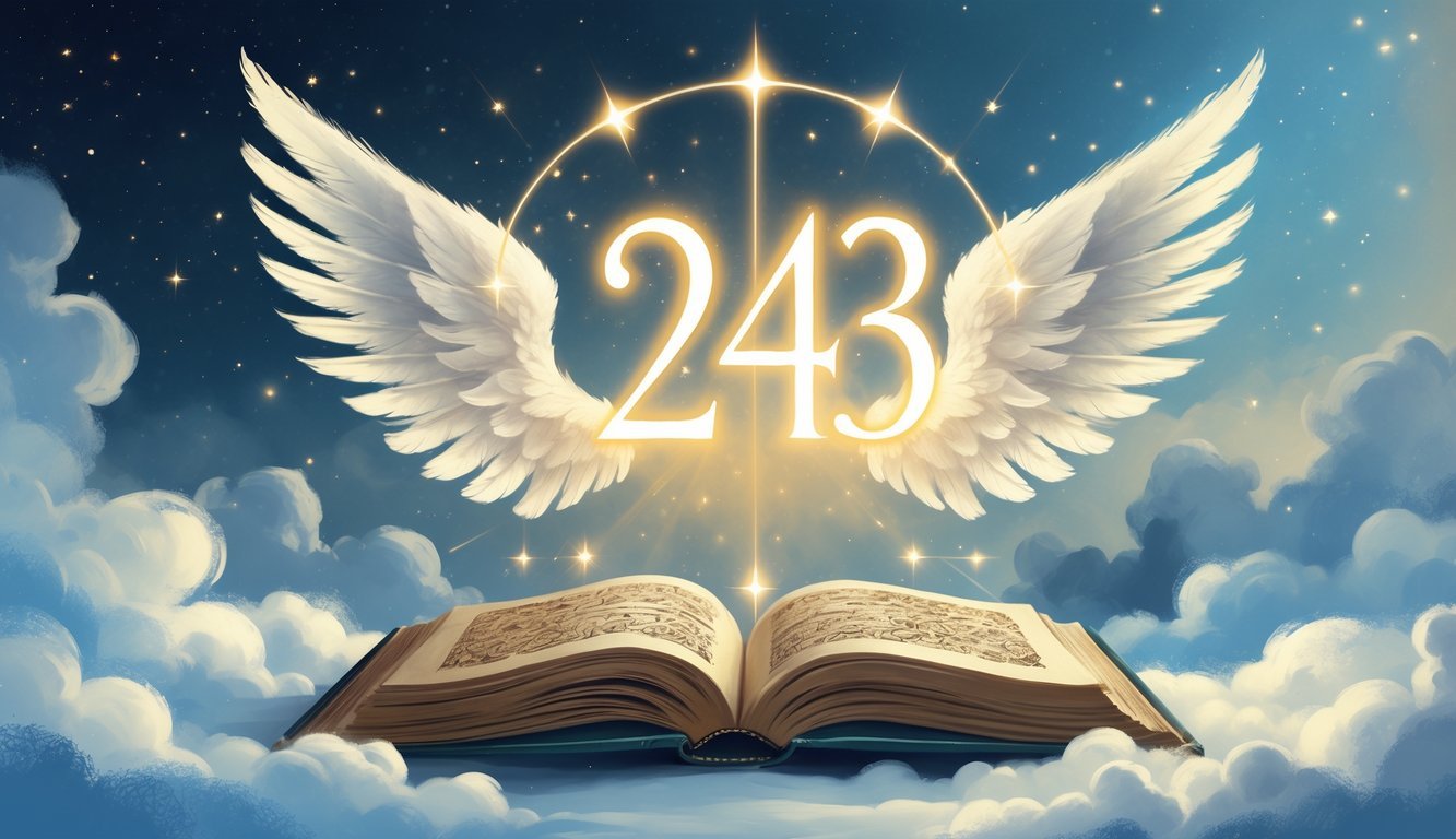 A glowing number 243 floating above an open ancient book with light beams and angelic wings, set against a calm sky with clouds and stars.