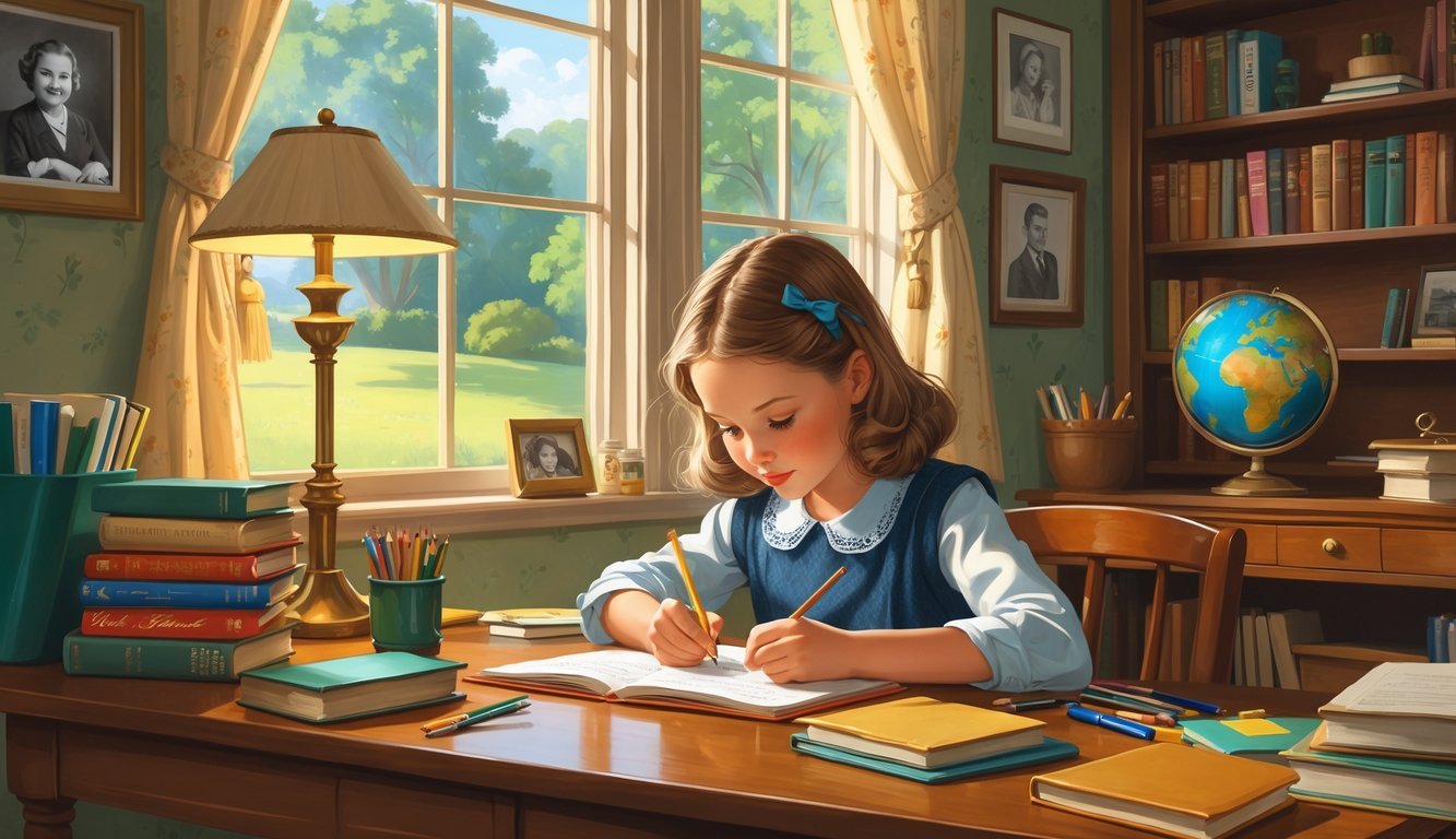 A young girl sitting at a desk in a cozy room, reading and writing with books and school supplies around her.