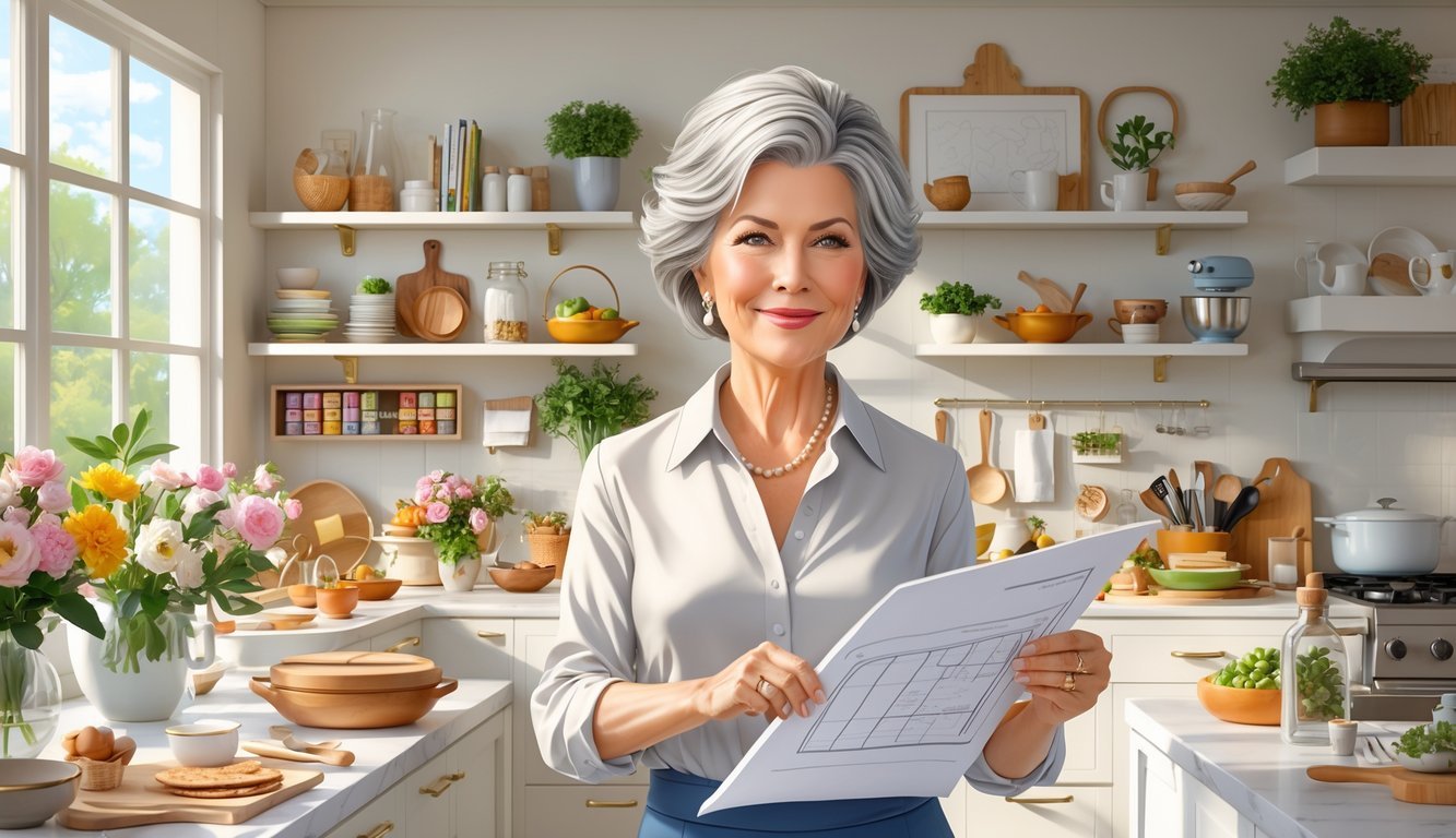 A confident older woman in a bright kitchen surrounded by cooking tools, home decor, and plants, holding a wooden spoon and a business plan.