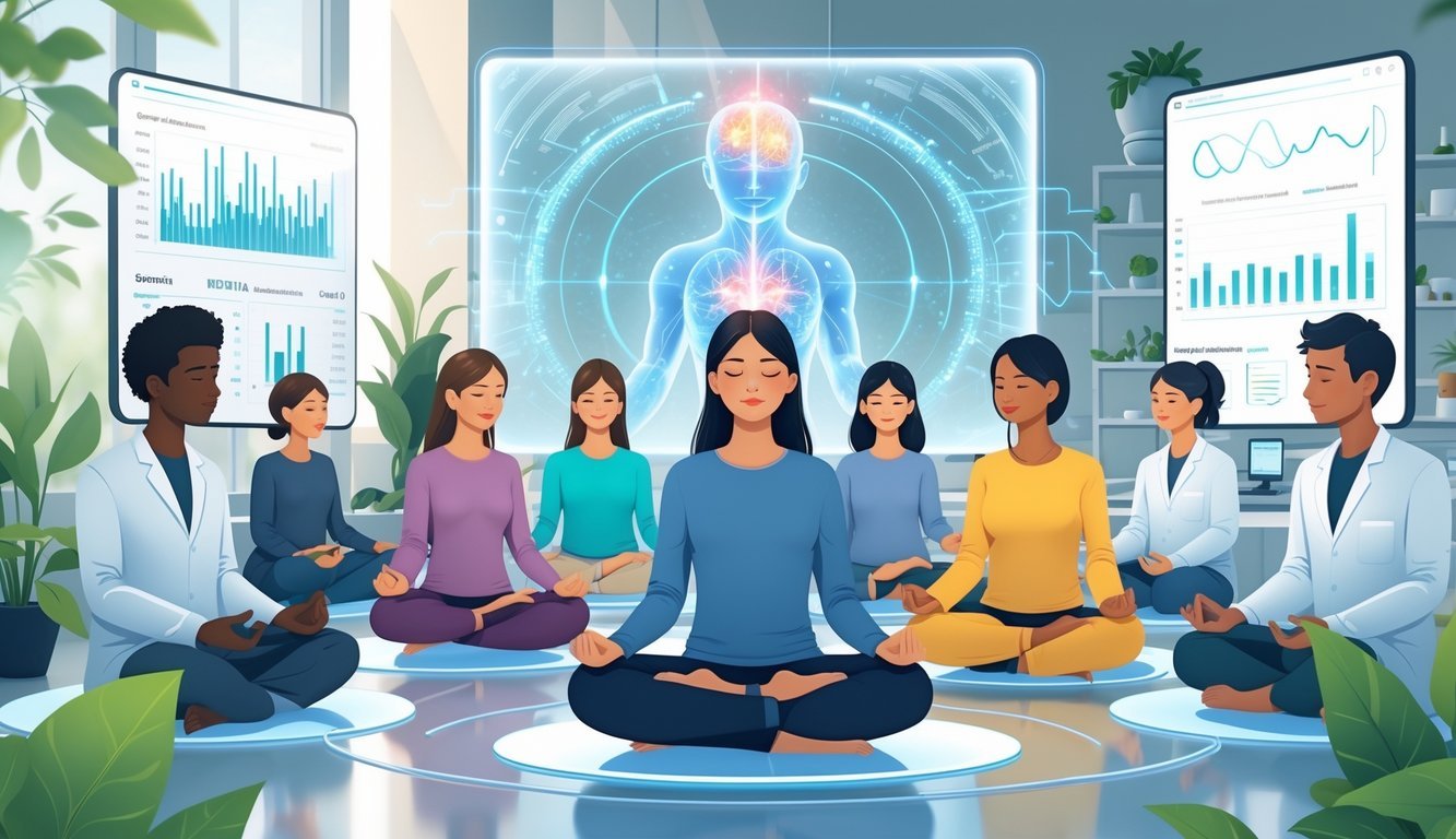 People meditating in a modern lab with scientists observing brain activity and data displays showing meditation benefits.