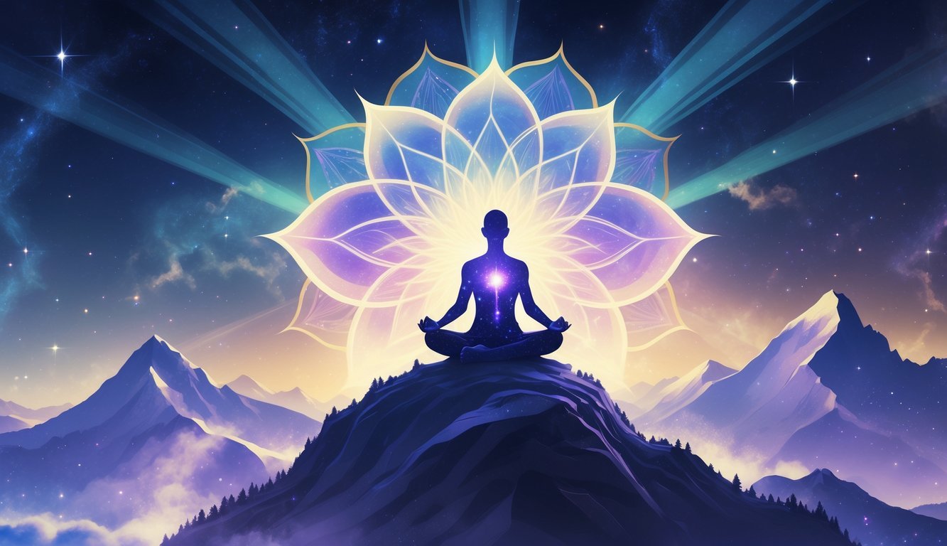 A person meditating on a mountain peak surrounded by glowing light and cosmic patterns representing higher consciousness.