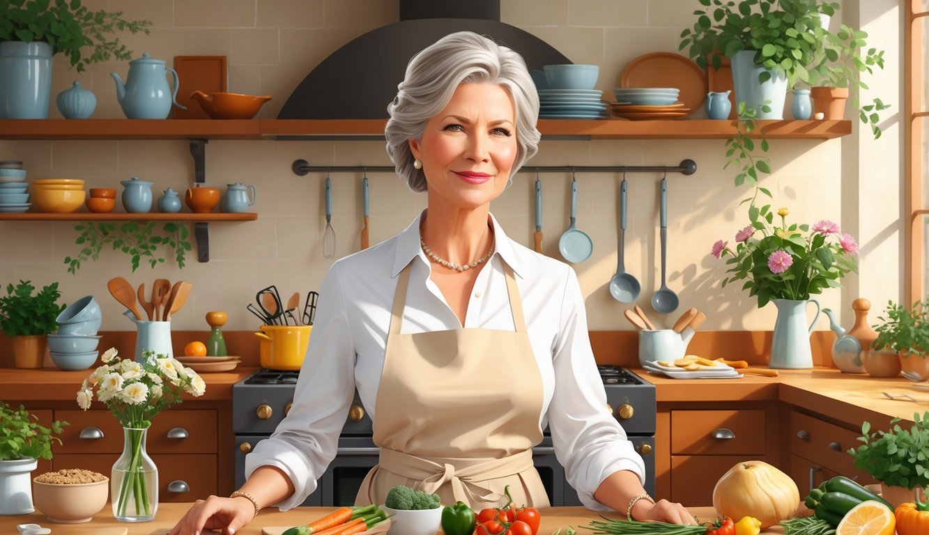 A woman with silver hair stands behind a kitchen countertop with flowers, cooking utensils, and ingredients, surrounded by shelves with books and plants.