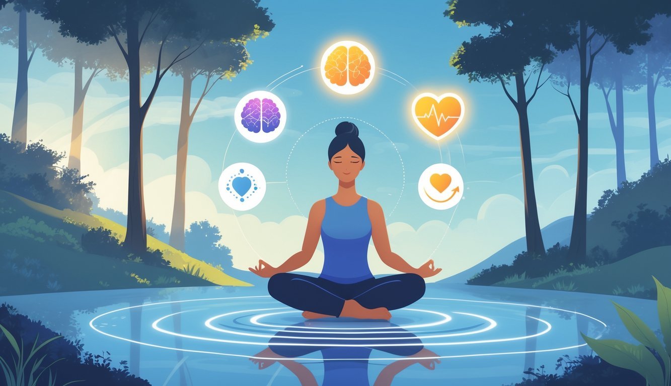 A person meditating outdoors surrounded by nature with symbols representing mental clarity, emotional balance, relaxation, and physical health.