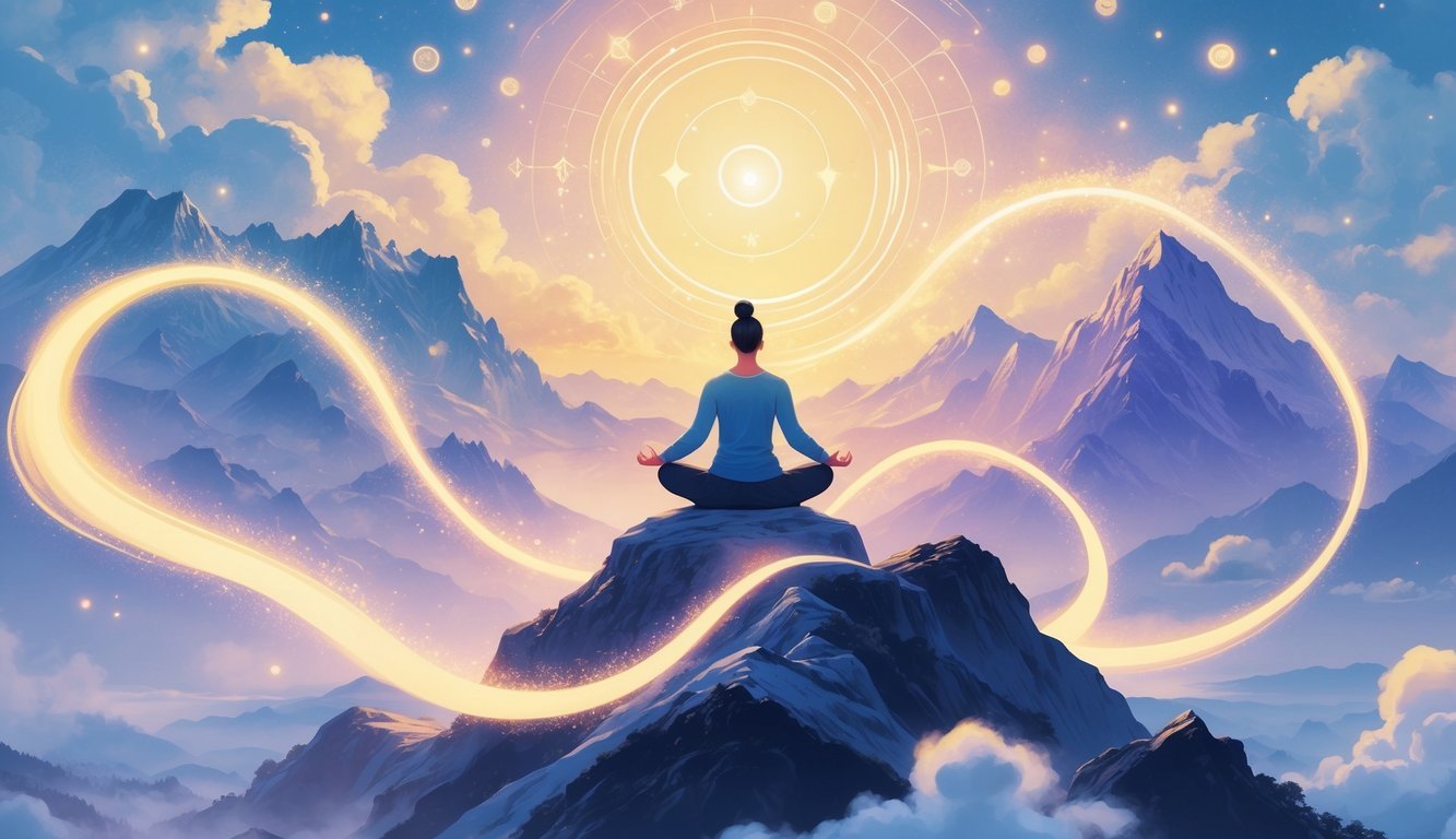 A person meditating on a mountain peak at sunrise surrounded by glowing light pathways leading into a bright sky with soft orbs and natural scenery.