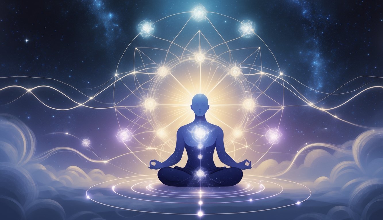 A person meditating surrounded by glowing orbs and geometric patterns with a radiant light above their head against a cosmic starry background.