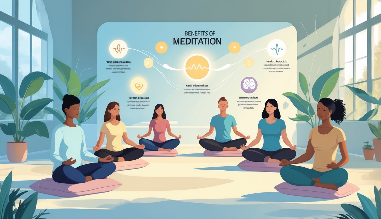A peaceful scene showing diverse people meditating in a calm room with natural light and plants, surrounded by subtle symbols representing meditation benefits like mental clarity, emotional balance, and health.