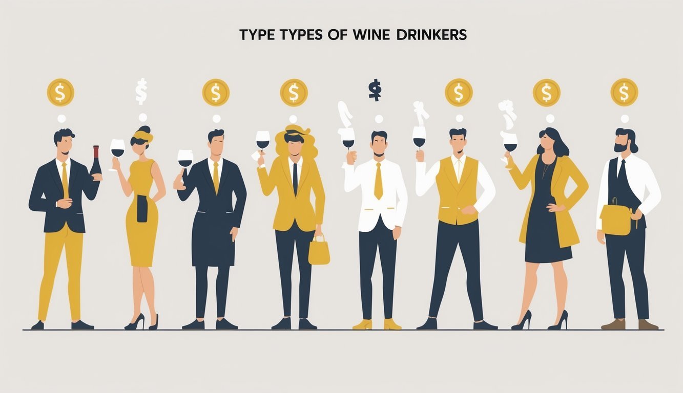Six different types of wine drinkers illustrated as distinct characters with symbols representing money being wasted around them.