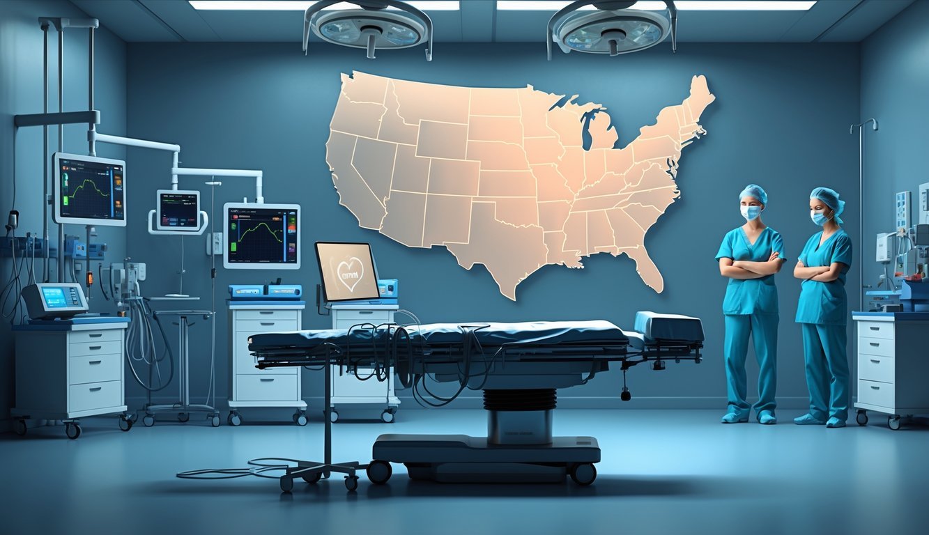 An empty hospital operating room with heart surgery equipment and medical staff nearby, showing a decline in heart surgeries in the United States during the COVID-19 pandemic.