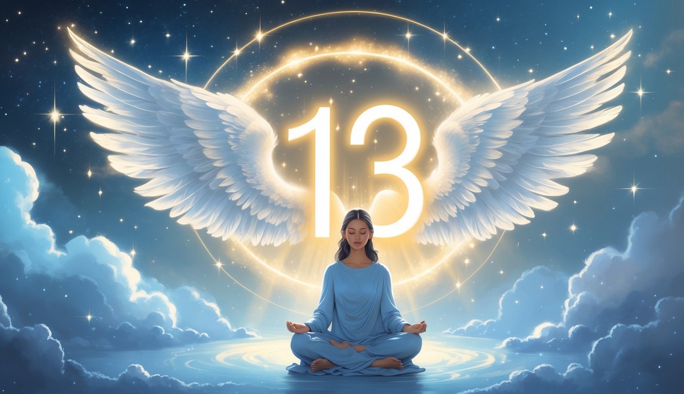 A glowing number 113 surrounded by angel wings and soft light with a peaceful figure meditating beneath a starry sky.