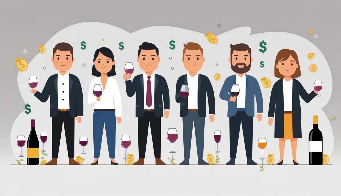 Illustration showing six different wine drinkers with visual indicators of money wasted on wine, surrounded by wine bottles and spilled wine drops.
