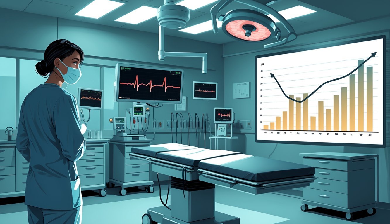 A hospital operating room with a heart surgery setup and a healthcare professional looking at an empty surgical table, alongside a visual representation of a decline in heart surgeries.