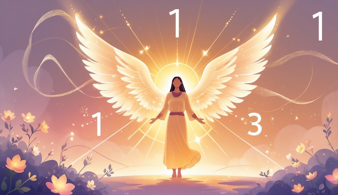 A glowing figure surrounded by golden light and ethereal wings stands with open arms amid blooming flowers and swirling leaves against a warm sunrise background.