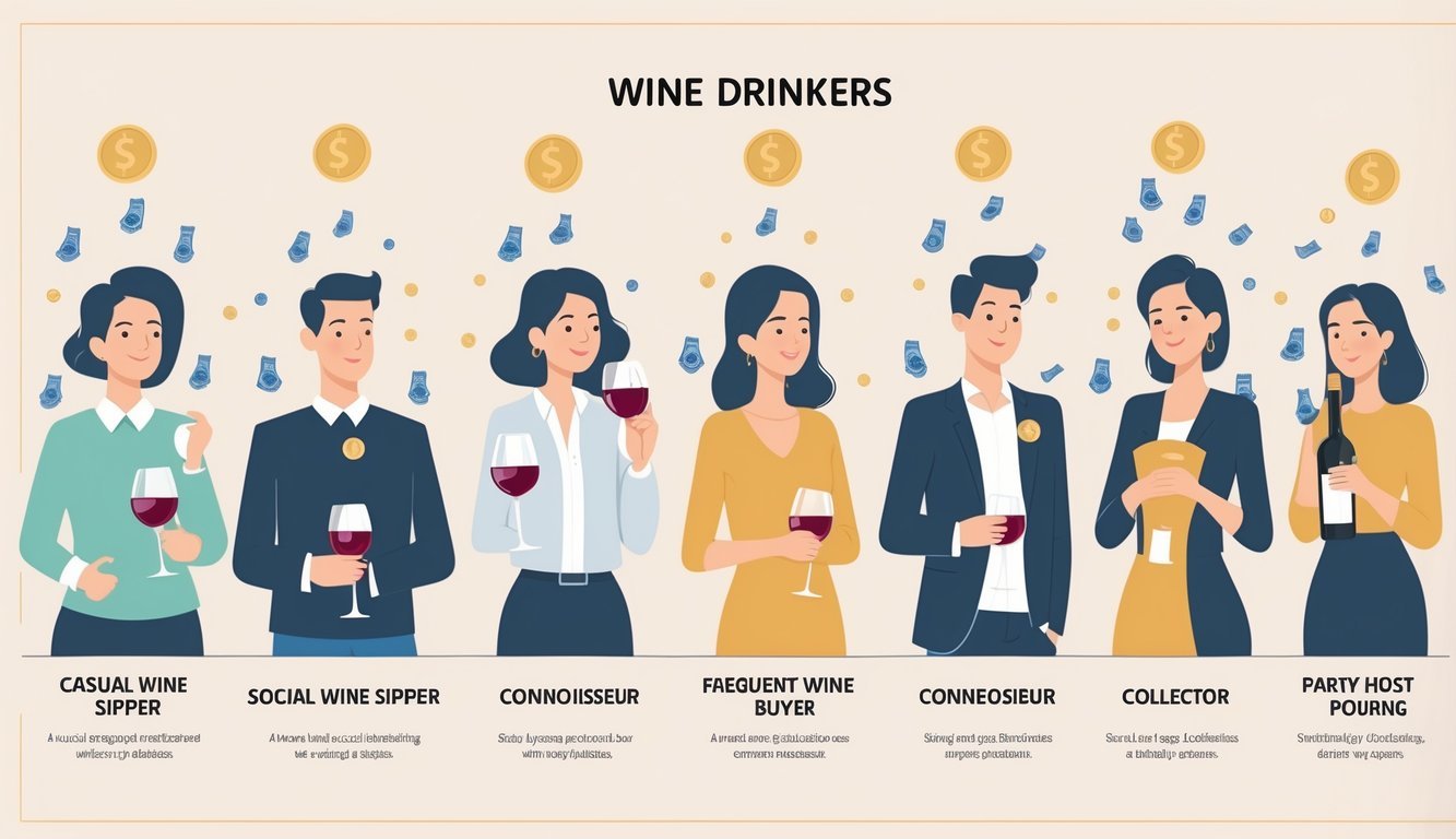 Six different people drinking wine in various settings, with subtle imagery of money fading or slipping away around them.