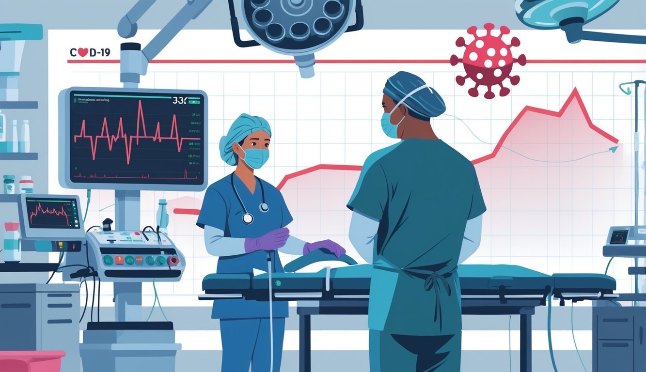 A hospital operating room with heart surgery equipment and a heart monitor, showing a downward graph and a COVID-19 virus symbol nearby.