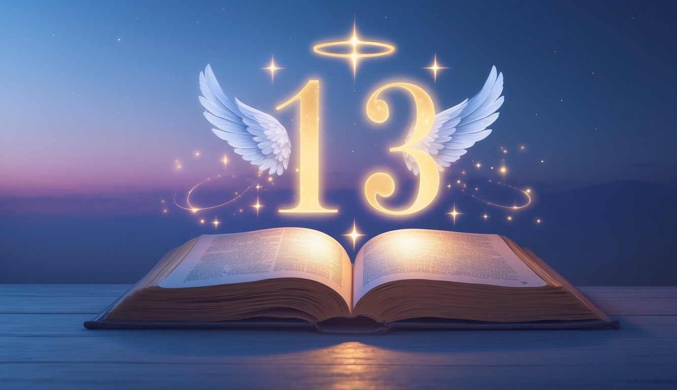 A glowing number 113 floating above an open ancient book with soft light and angelic symbols in a twilight sky.