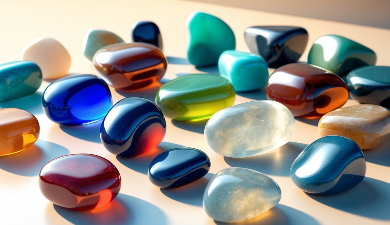 A group of polished, rounded tumbled stones of various colors arranged on a smooth surface.