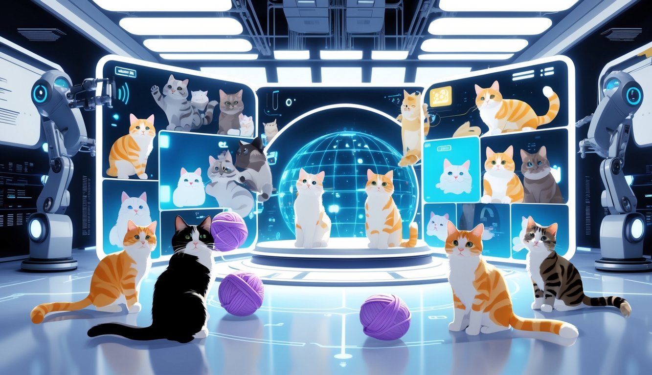 A futuristic digital studio with holographic screens showing various cats in playful and celebrity poses, surrounded by AI servers and robotic arms generating cat images.