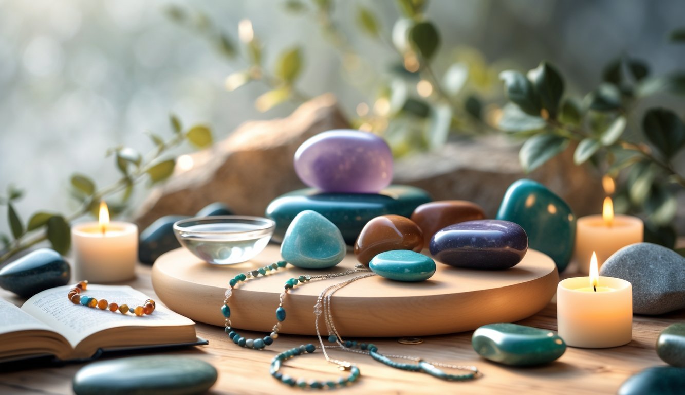 An arrangement of polished tumbled stones displayed with a bowl of water, jewelry, a journal, and candles on a wooden surface surrounded by soft natural light.