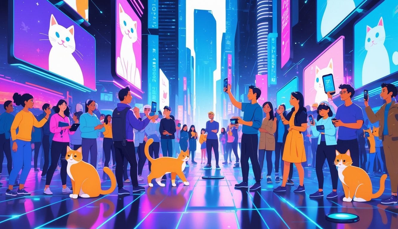 A futuristic city scene where people interact with advanced technology displaying holographic images of cats, with real and robotic cats present among the crowd.