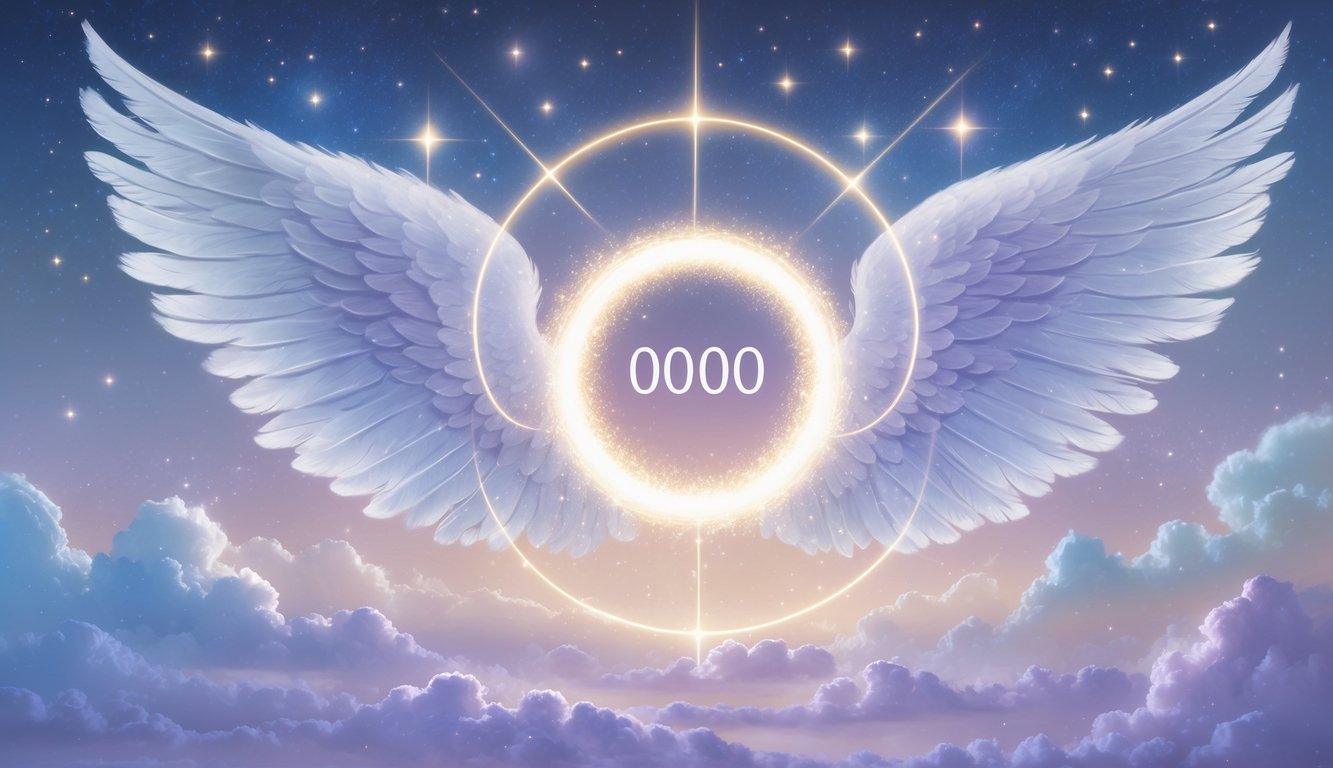 A glowing circle of light surrounded by translucent angel wings against a starry sky, symbolizing spiritual awakening and divine guidance.