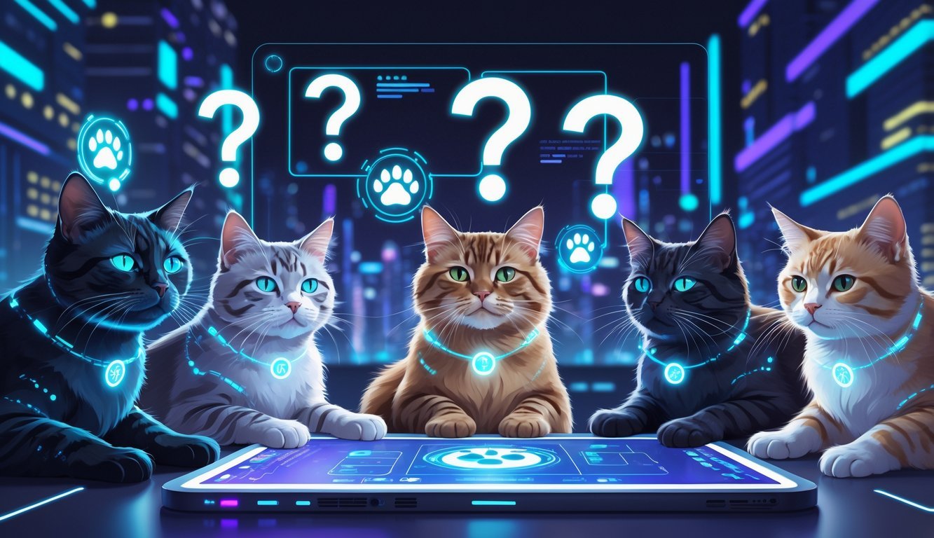 A group of cats interacting with futuristic holographic screens in a high-tech city environment.
