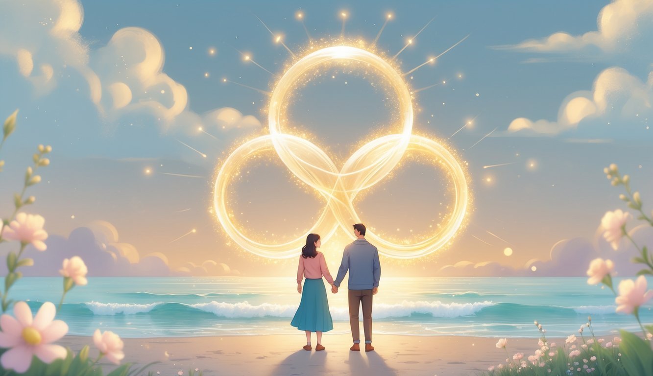 A glowing trio of intertwined lights above a peaceful couple holding hands in a calm natural setting at dawn.