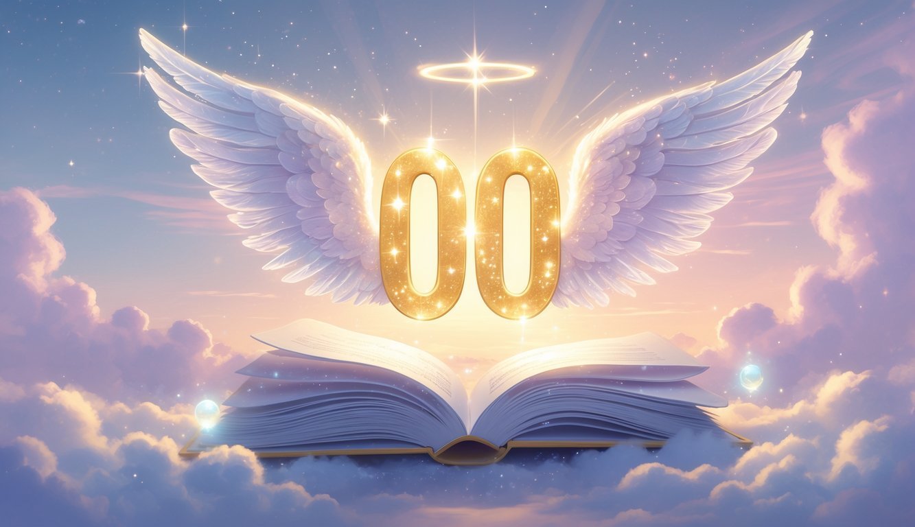 Glowing number 000 with angel wings floating above an open book against a pastel dawn sky with stars and soft clouds.
