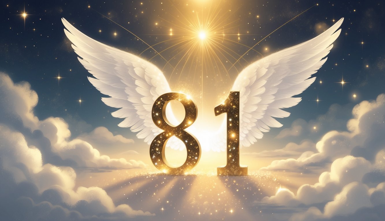 A glowing celestial scene with angel wings gently holding the numbers 8 and 1 made of light, surrounded by soft clouds and stars.