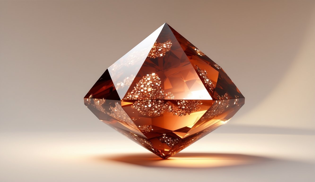Close-up view of a polished reddish-brown crystal with sparkling metallic flecks inside.