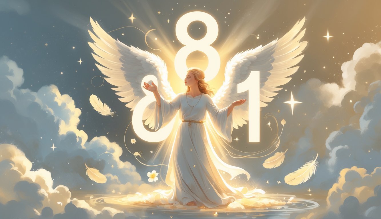 An angelic figure surrounded by glowing numbers 8 and 1, with soft clouds, stars, and symbols of growth and transformation in the background.