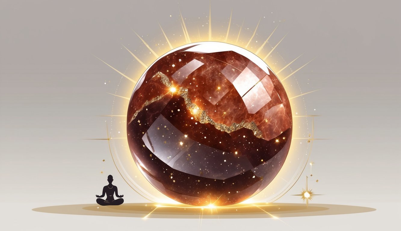 A polished goldstone crystal sphere with sparkling metallic inclusions, surrounded by glowing energy waves and symbols representing meditation, protection, and vitality.