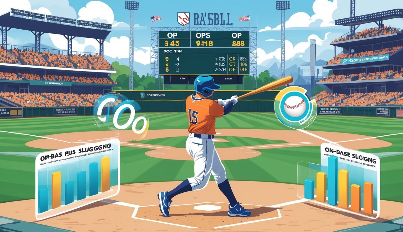 A baseball player swinging a bat in a stadium with graphical overlays showing baseball statistics and a scoreboard highlighting a good OPS value.