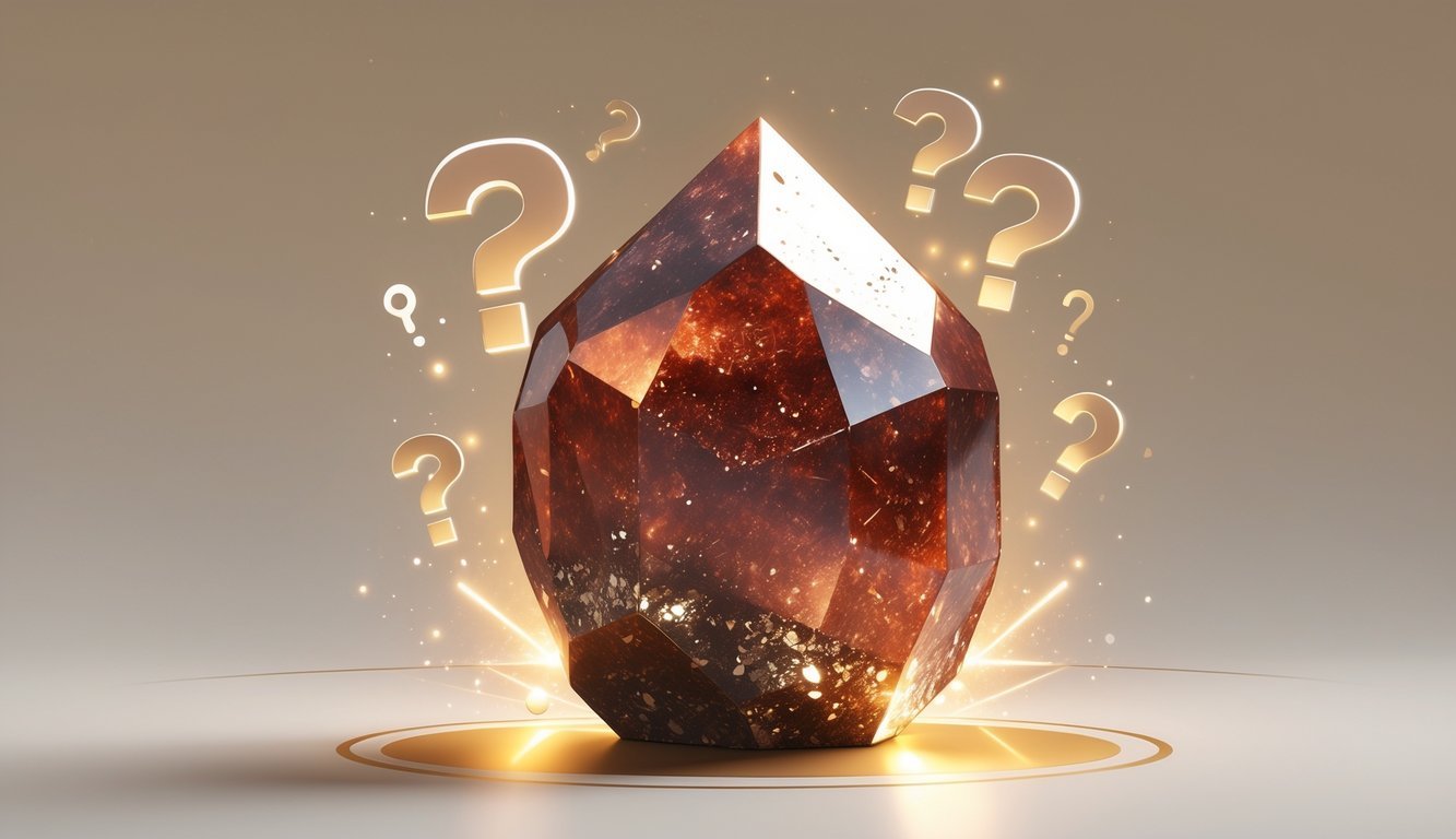 A detailed illustration of a goldstone crystal with sparkling metallic flecks surrounded by subtle question mark icons on a soft gradient background.