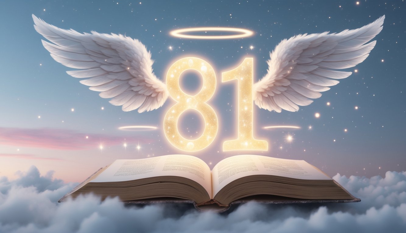 A glowing number 81 floating above an open ancient book with angelic wings of light around it, set against a calm dawn sky with soft pastel colors and gentle rays of sunlight.