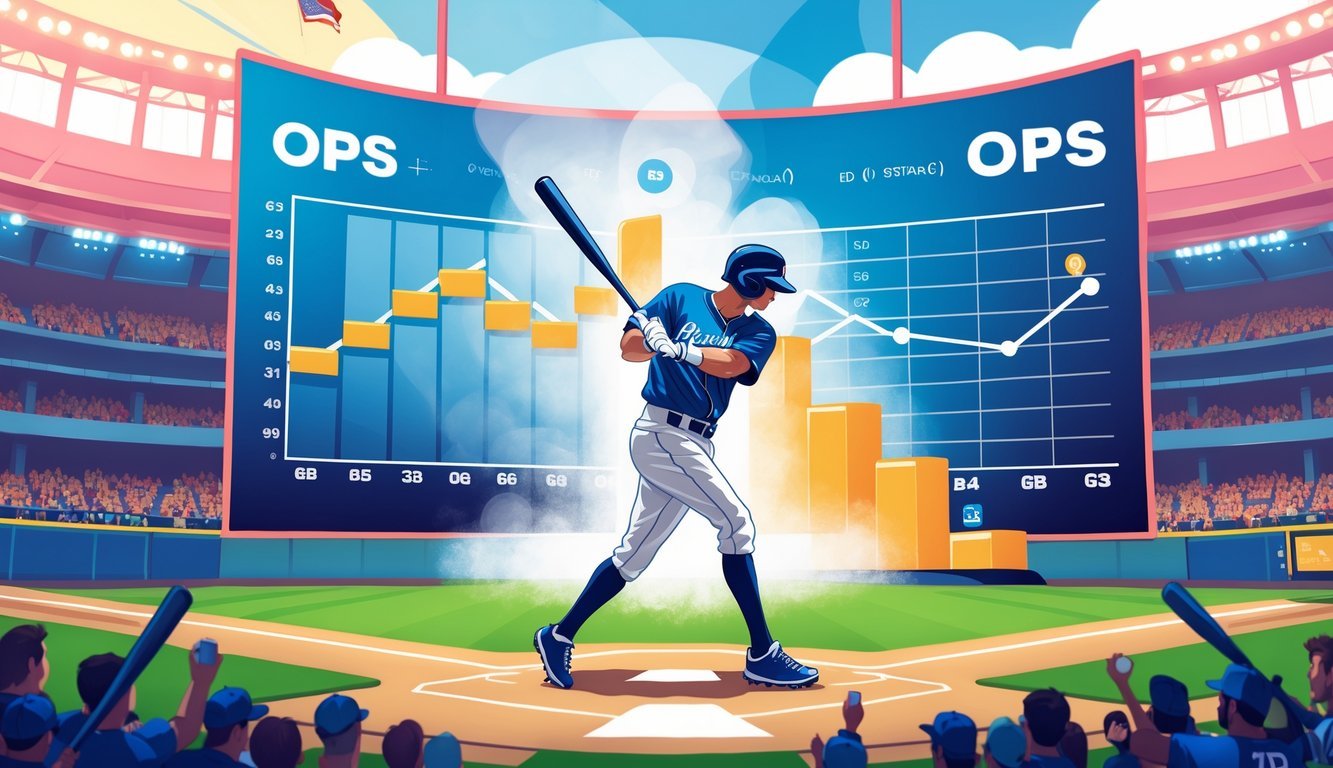 A baseball player swinging a bat at home plate in a stadium with a glowing graphic showing high OPS statistics behind him.