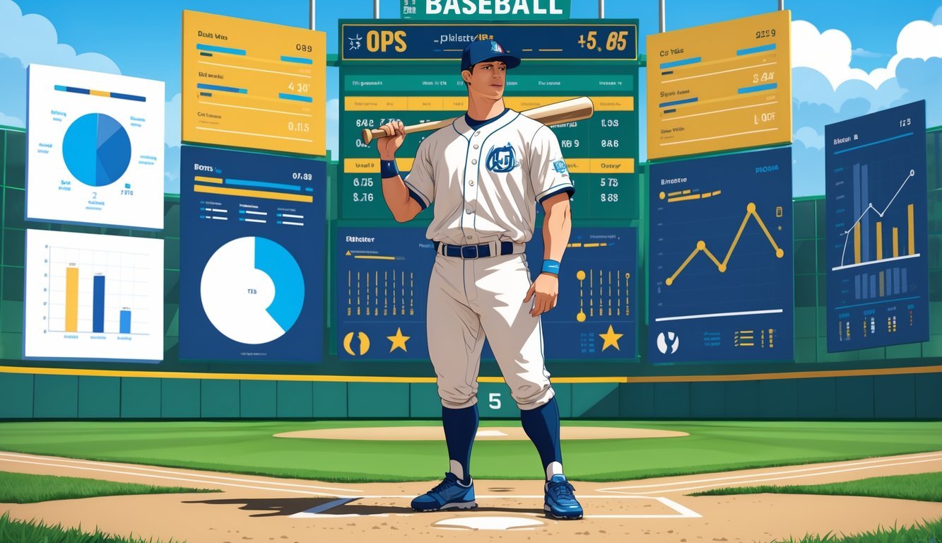 A baseball player standing on a field holding a bat with a scoreboard and baseball statistics in the background.